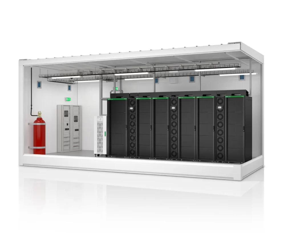 Modular data centre with server racks and power management equipment.