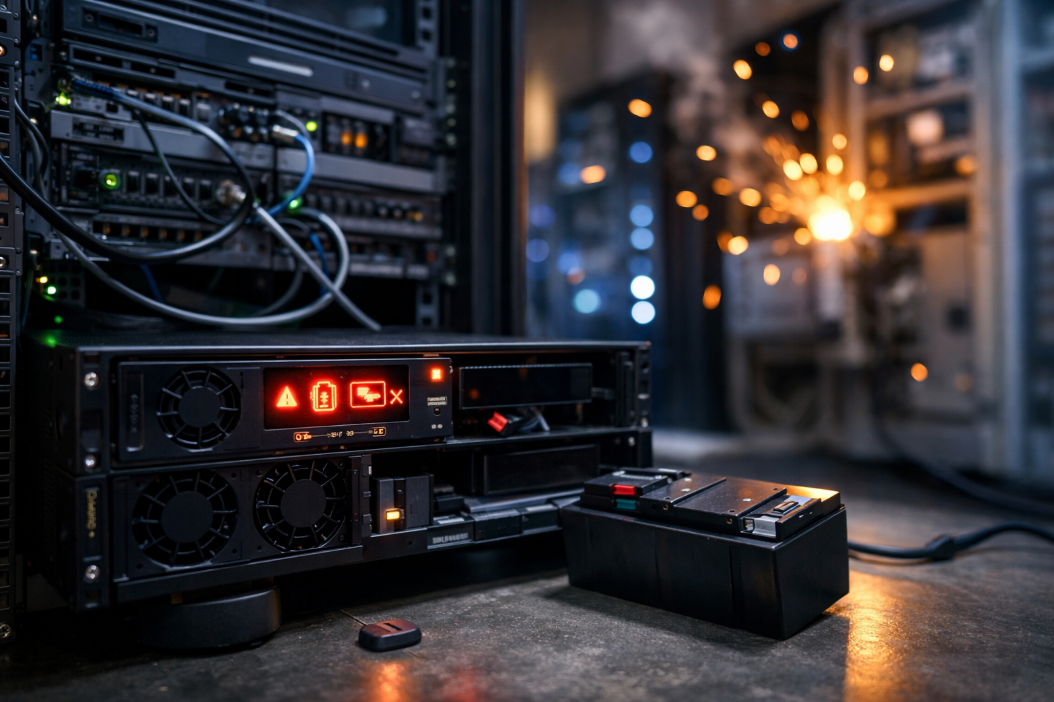 Data centre server rack with UPS battery backup