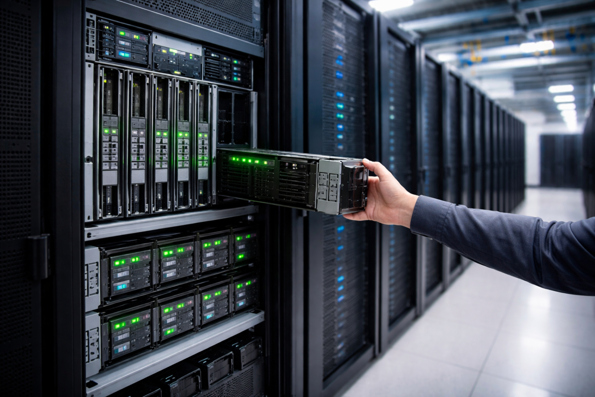 Technician installing server hardware in a data centre rack