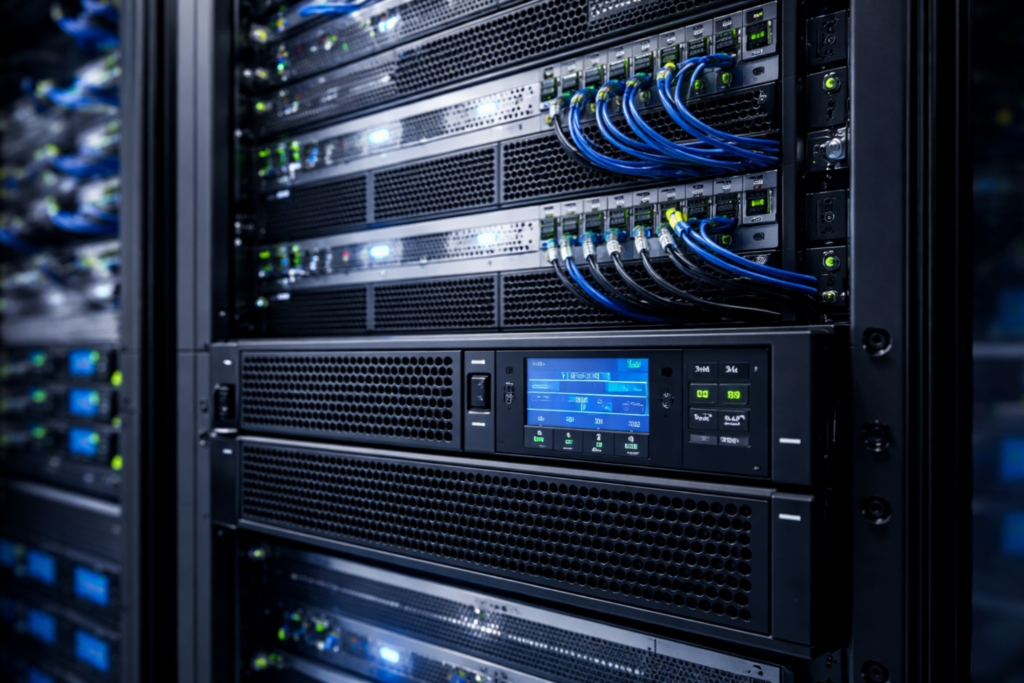 High-performance server rack with network cables in data centre