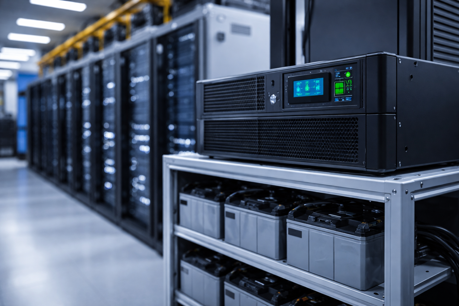 Uninterruptible power supply system with battery backup in modern data centre server room