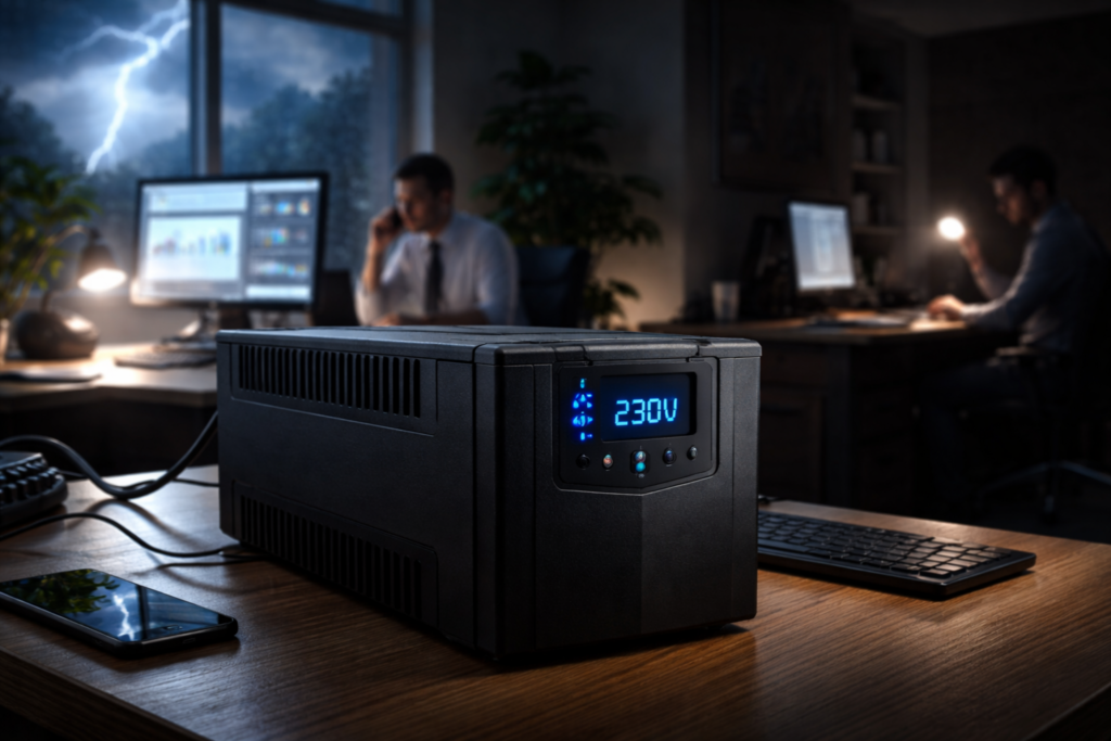 UPS battery backup protecting office during power outage and lightning storm