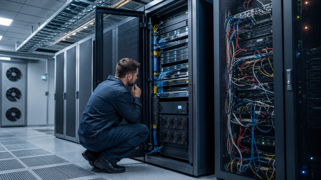 Data centre technician inspecting server racks