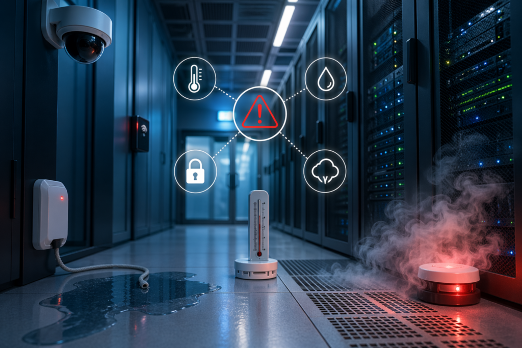 Server room with environmental monitoring alert showing heat, leak and security risks