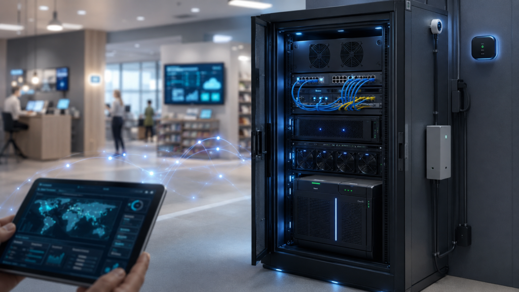 Commercial network server cabinet with smart monitoring dashboard in modern office