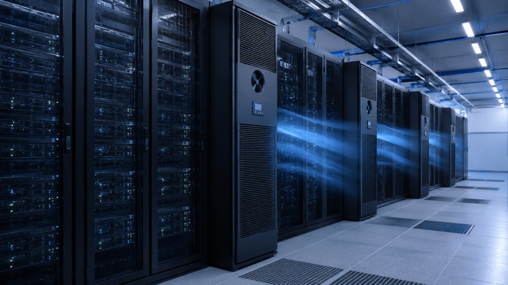 Data centre server racks with cooling units and airflow management