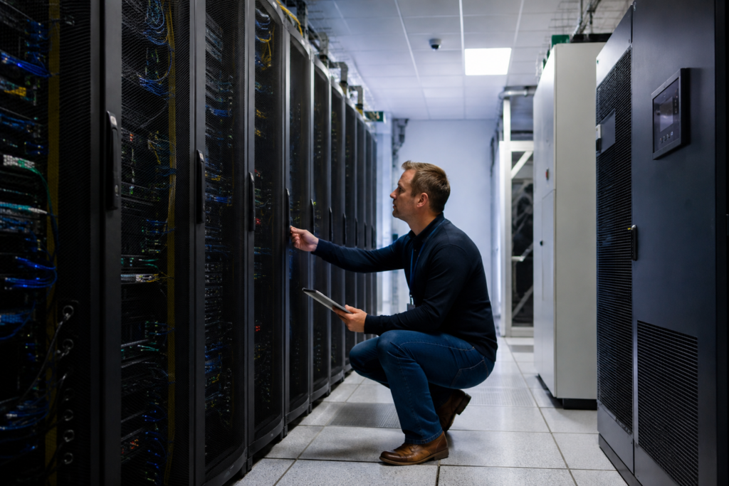 Technician inspecting data centre server racks