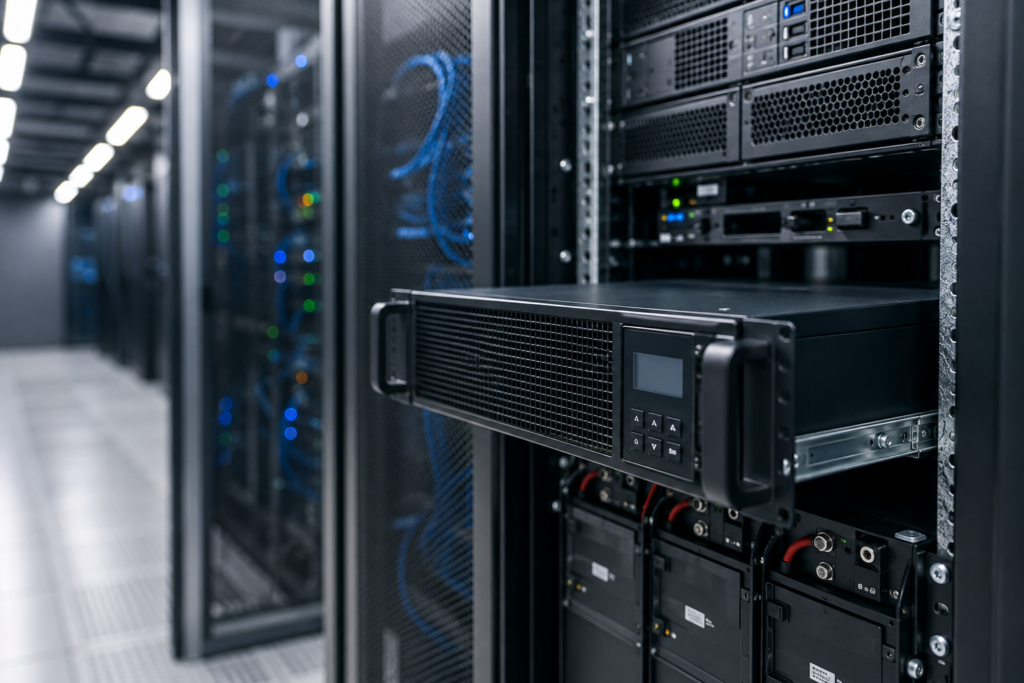 Server rack with data center equipment