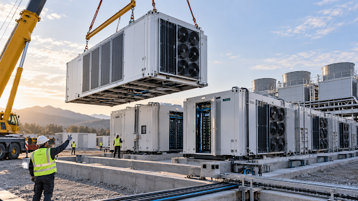 Crane installing a large cooling unit at a data centre facility
