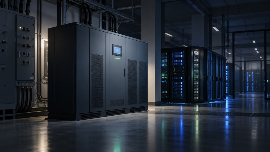 Three-phase UPS battery backup system installed in a data centre to provide emergency power during outages